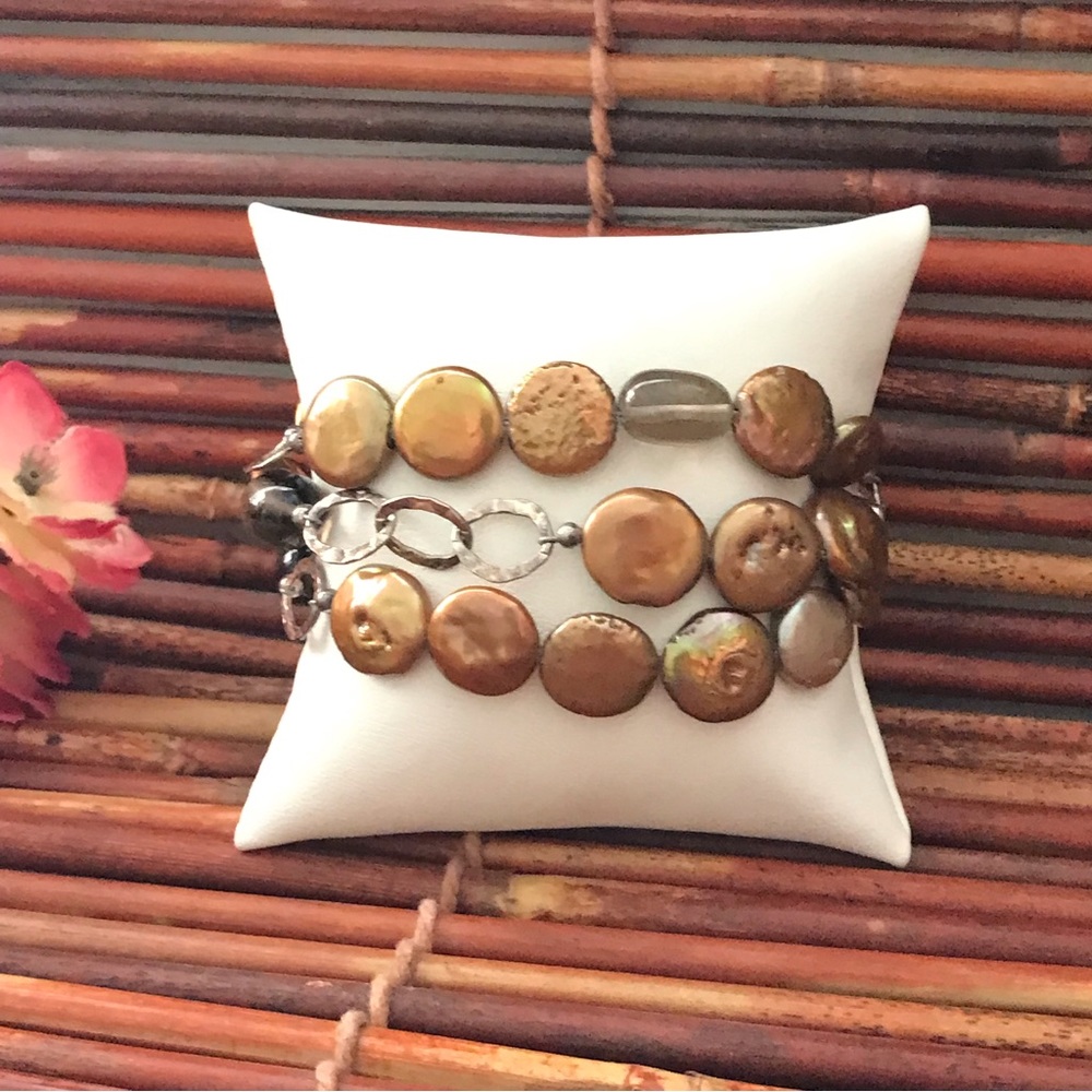 Silpada Sterling Silver Bronze Coin Pearl Bracelet toggle clasp.